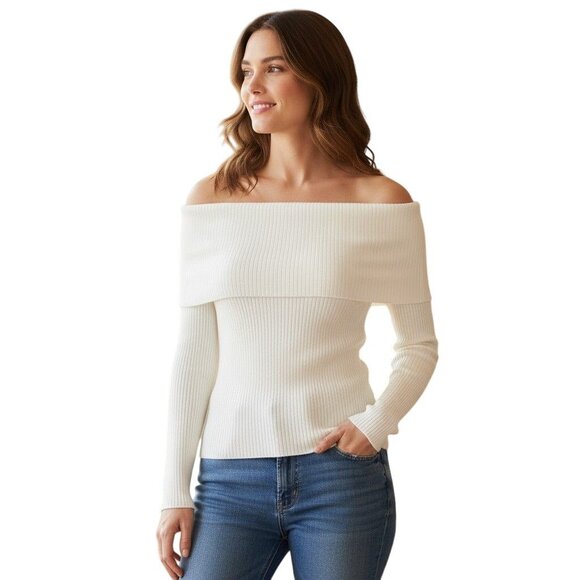 Enza Costa White Off Shoulder Foldover Ribbed Sweater NWOT - Size M - Picture 1 of 8